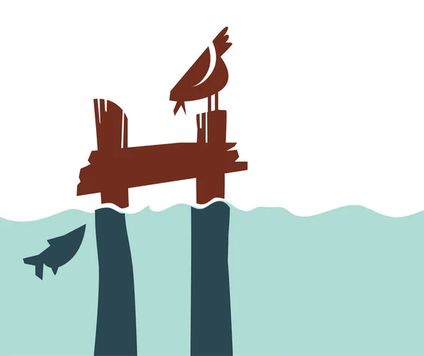 Pier retro-estilo simples com pássaro e peixe para ícone, logotipo, sinal. silhueta ilustração vetorial — Vetor de Stock