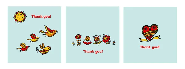 Thank you card vector illustration. Decorative naive flowers and birds motif for invitation, poster, background. — Stock Vector