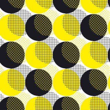 Sarı yuvarlak geometri Dikişsiz desen vektör illüstrasyon yüzey tasarımı için yazdırma ve web. Memphis post modernist stil motif. Pop art yinelenebilir kumaş örneği.