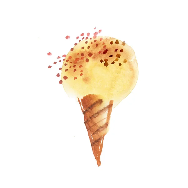 Summer ice dessert watercolor drawing in vanilla pale yellow color. Ice-cream ball in corn hand drawn background. Raster illustration. — Stock Photo, Image