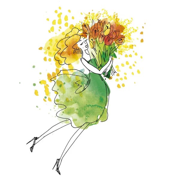 Giovane donna bionda in abito verde con grande mazzo di fiori di tulipano. Illustrazione ad acquerello disegnata a mano con dettaglio schizzo . — Foto Stock