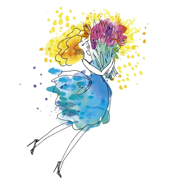 Mujer joven feliz en el cielo azul vestido con gran ramo de flores de color rosa. Ilustración acuarela dibujada a mano con detalle de boceto . — Foto de Stock