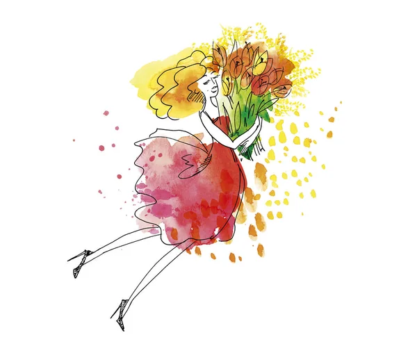 Blonde junge Frau mit einem großen Strauß Frühlingsblumen. Handgezeichnete Aquarell-Illustration mit Skizzenausschnitt. — Stockfoto