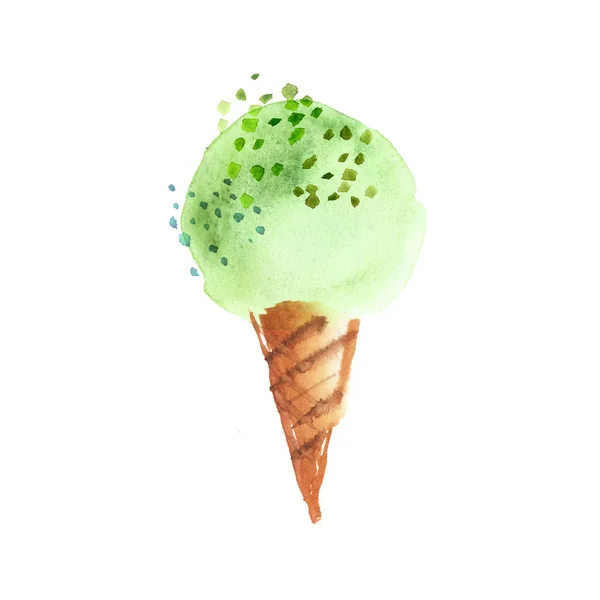 夏季冰甜点水彩绘制在开心果绿色的颜色。手绘背景的冰淇淋球。光栅图. — 图库照片