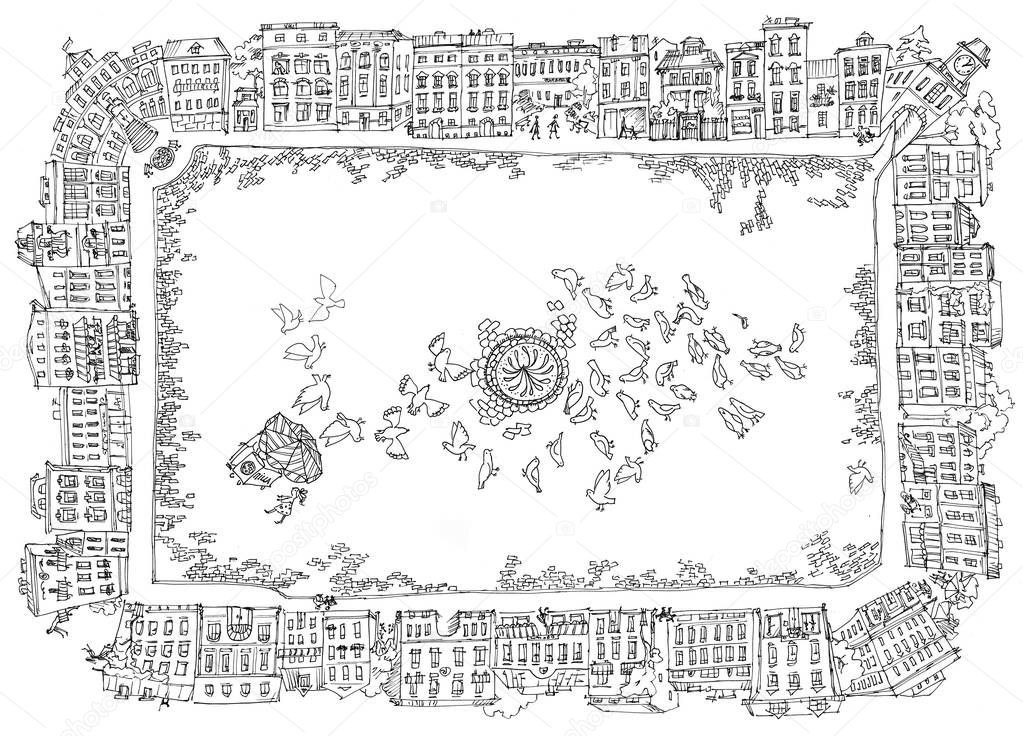 Old Europe town square plaza. Urban frame composition for print and web project. Sketch style hand drawn image. Raster illustration. 