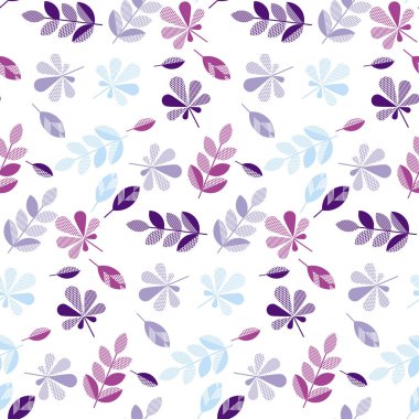 mor ve menekşe rengi dekoratif sonbahar yüzey tasarımı, kumaş, ambalaj kağıdı, arka plan için dikişsiz desen bırakır. soyut geometri stil vektör sonbahar çizim. basit yinelenebilir motifi 