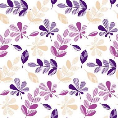 mor ve menekşe rengi dekoratif sonbahar yüzey tasarımı, kumaş, ambalaj kağıdı, arka plan için dikişsiz desen bırakır. soyut geometri stil vektör sonbahar çizim. basit yinelenebilir motifi 