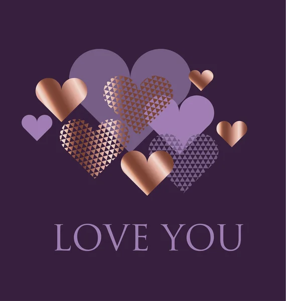 Corazón oro violeta y rosa. Ilustración de vector de geometría abstracta púrpura. elegante diseño de estilo de lujo para festiva de jefe, tarjeta, invitación. — Vector de stock