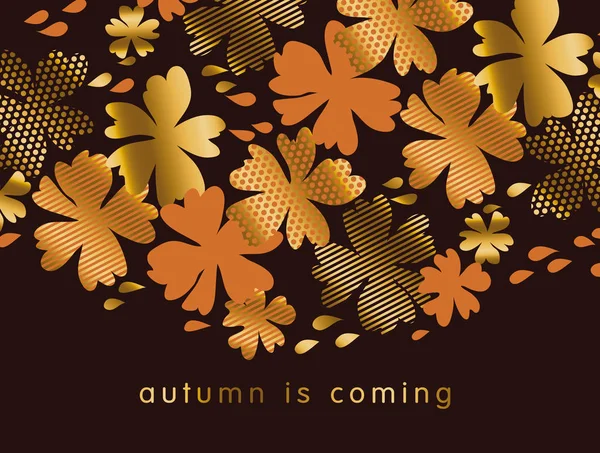 Illustration stylisée de motif vectoriel floral d'automne. automne conception décorative naturelle de couleur chaude avec des éléments d'or. vecteur de saison abstrait sur fond noir pour invitation, en-tête, couverture, affiche . — Image vectorielle