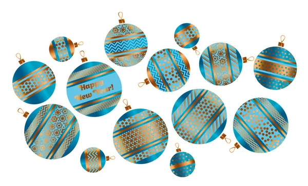 Assortiti Natale stilizzato bauble decor vettoriale illustrazione nei colori blu e oro. Palline decorazione albero di Natale con strisce, punti e fiocchi di neve ornamento — Vettoriale Stock