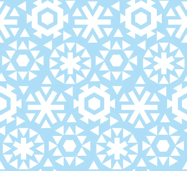 幾何学的なフラット スノーフレークのシームレスなパターン ベクトル イラスト。青い冬生地、包装紙、表面デザインの再現性のあるモチーフ。氷花の抽象的な雪 — ストックベクタ