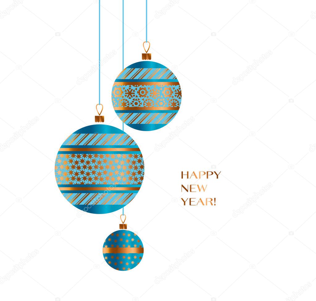 Blue and gold Christmas bauble decor composition vector illustration. Xmas tree decoration balls for card, invitation, greetings