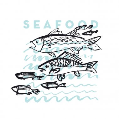Deniz ürünleri balık ve dalga soyut elle çizilmiş tasarım öğeleri menü, poster, davet için. vektör grafik illüstrasyon takip