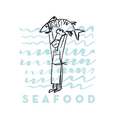 Deniz ürünleri balık ve aşçı elle çizilmiş tasarım öğeleri menü, poster, davet için soyut. vektör grafik illüstrasyon takip