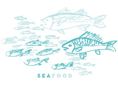 Deniz ürünleri balık ve dalga soyut elle çizilmiş tasarım öğeleri menü, poster, davet için. vektör grafik illüstrasyon takip