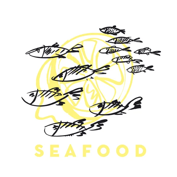Pescados y mariscos abstractos de onda dibujado a mano elementos de diseño para menú, cartel, invitación. ilustración gráfica trazada vector — Vector de stock