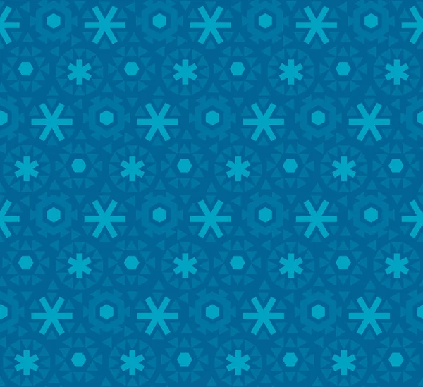 도형 스타일 깊고 푸른 눈송이 패턴 원활한 벡터 일러스트 레이 션. 파란 겨울 원단, 포장지, 표면 디자인에 대 한 반복 모티브. 평면 디자인 얼음 꽃 추상 눈 — 스톡 벡터