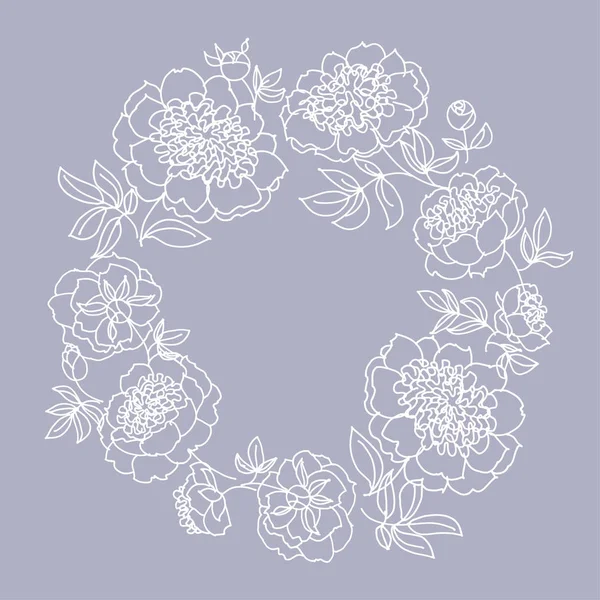 Peônia flor coroa vetor ilustração. linha esboço mão desenhada padrão floral para cartão, convite de casamento, design de superfície —  Vetores de Stock