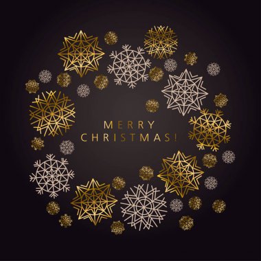 Lüks siyah ve altın kar tanesi xmas desen. Basit zarif dekorasyonu yüzey tasarımı, afişi, üstbilgi, kart, davet için. Yeni yıl partisi poster.