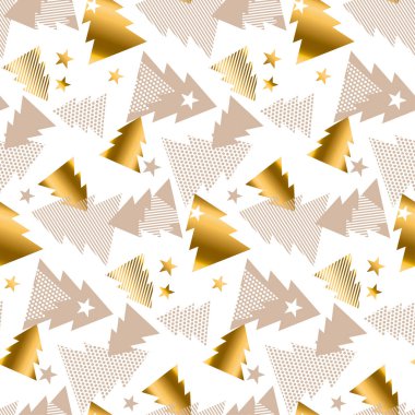 Zarif altın ve baige desen. Happy new year ve xmas ağacı sorunsuz illüstrasyon model. Kavram Noel Tekstil ve ambalaj kağıt vektör motifi 