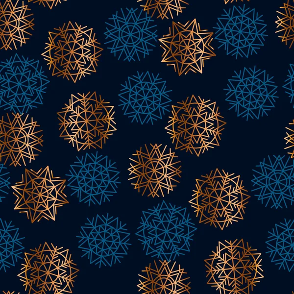 Luxus arany és éjszakai kék hópelyhek koncepció varrat nélküli mintát. Karácsonyi ünnepi textil vektoros illusztráció. Megismételhető motívuma, a csomagoló papír, szövet, háttér. — Stock Vector