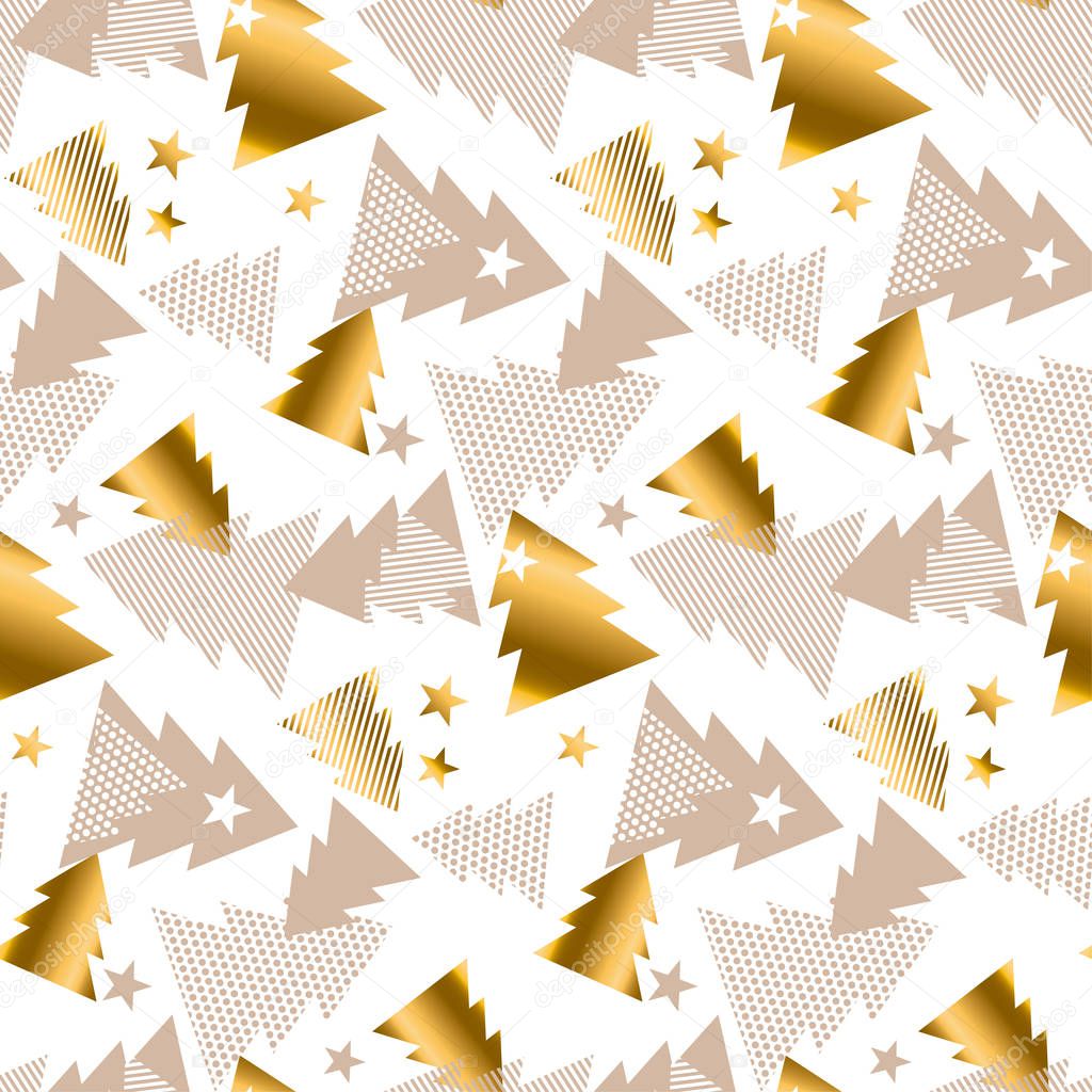 Elegant gold and baige pattern. Happy new year and xmas tree seamless pattern illustration. Concept Christmas textile and wrapping paper vector motif 