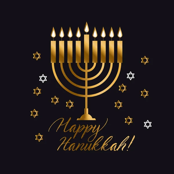 Fiesta judía Hanukkah con menorah oro (Candelabra tradicional) vector ilustración sobre fondo negro — Vector de stock