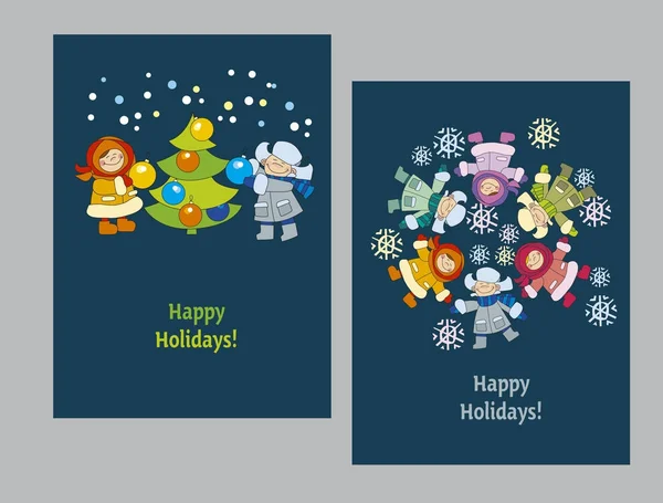 Szczęśliwego nowego roku i święta plakat szablon z dzieci w zimie sobie. zatok i dziewczyny Boże Narodzenie ilustracja wektorowa flayer, broszura, nagłówek, karty. — Wektor stockowy