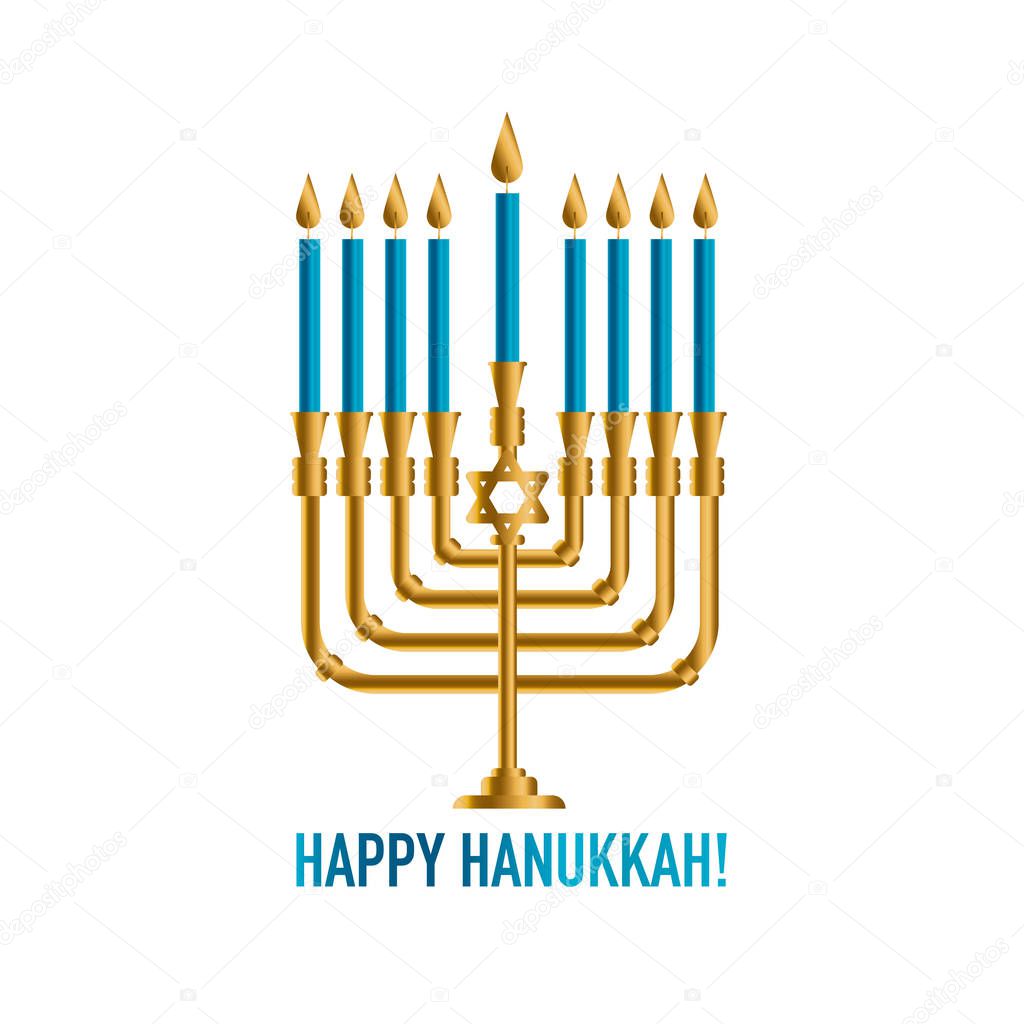 Bronze Hanukkah menorah with burning candles. Holiday greeting card concept. Retro instagram style jewish traditional candleholder