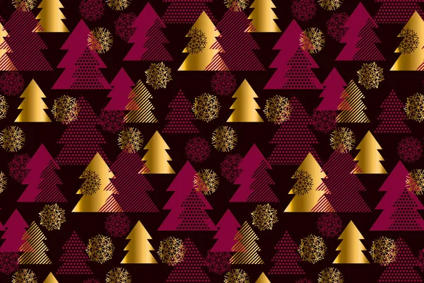 ゴールドとレッド色幸せな新年とクリスマス ツリーのシームレス パターン図です。概念クリスマス織物および包装紙ベクトル モチーフ — ストックベクタ