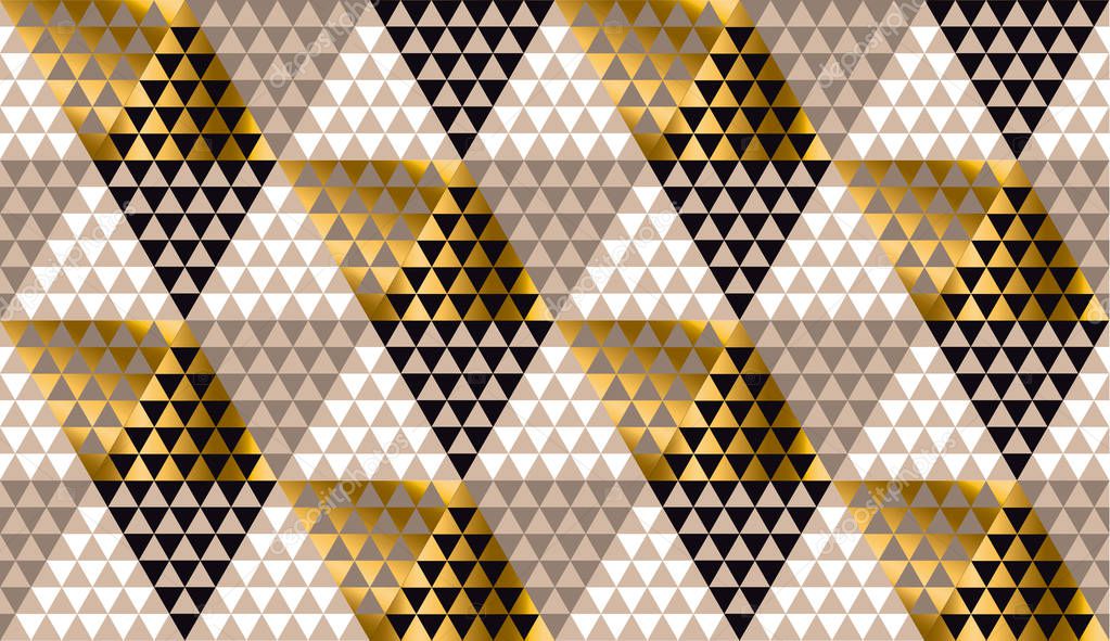 Luxury geometry black, gold and beige seamless vector illustration. Concept triangle geometric pattern for card, invitation, header print and web design, wrapping paper, fabric. 