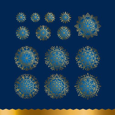 Çizgi stili öğeleri soyut kar taneleri. Yılbaşı kutlama kış basit kar dekor vektör çizim. Altın ve mavi xmas kar süsleme. 