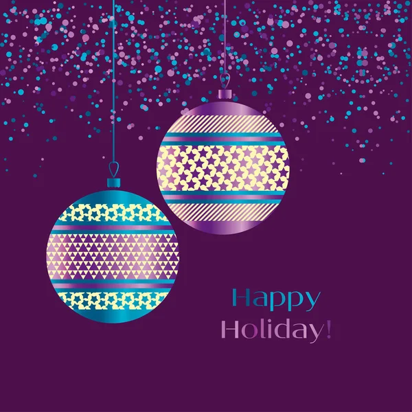 Décoration boule de Noël de couleur violette et turquoise. Illustration vectorielle avec boules de nouvel an pour carte de Noël, invitation, design de surface. Or de luxe et éléments d'ornement violet . — Image vectorielle