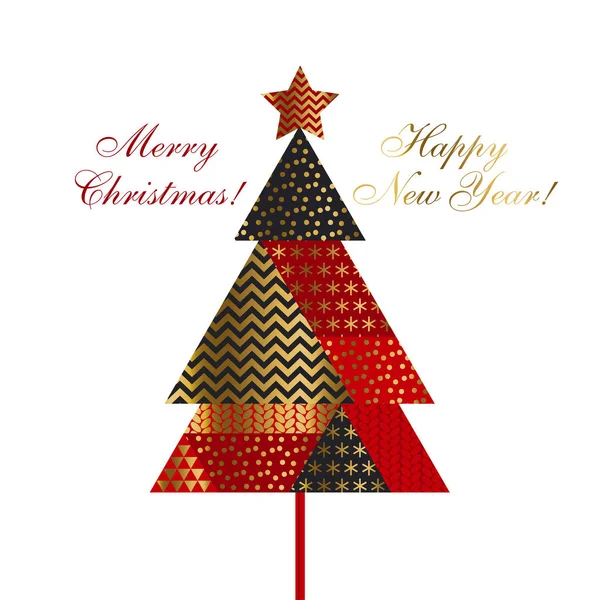 패치워크 스타일에서 크리스마스 트리입니다. 크리스마스 카드, 초대장, 표면 디자인에 대 한 벡터 일러스트. 빨간색과 금색 색상에 귀여운 겨울 축 하 요소. — 스톡 벡터