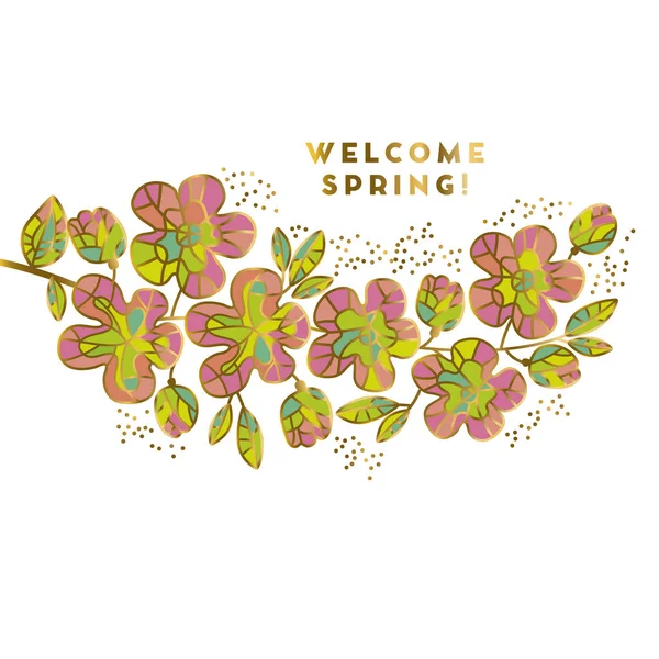 Abstrakte Darstellung des Sakura-Blütenvektors. Blumenmuster im luxuriösen Mosaik-Schmuckstil mit Gold- und Pastellfarben. Frühlingsblumen dekorativer Zweig für die Oberflächengestaltung. — Stockvektor
