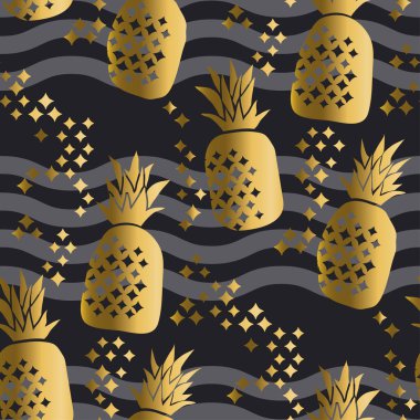 Kavram altın lüks ananas seamless modeli. Yaz tropikal yinelenebilir motifi yüzey tasarımı, arka plan, kumaş için.
