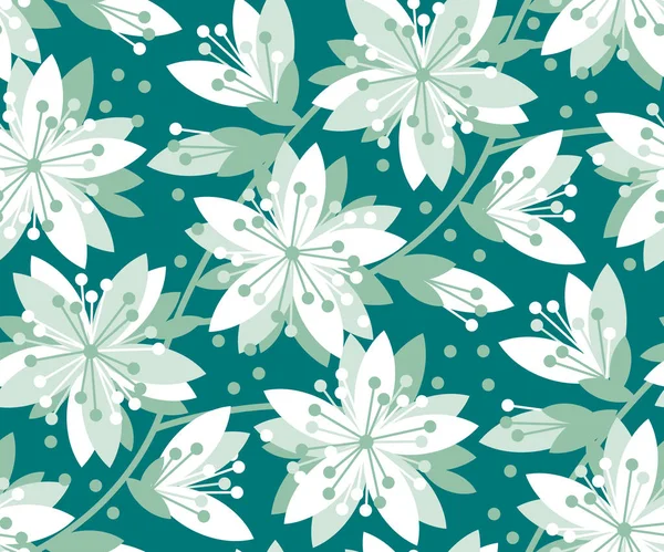 Grüne und weiße Blumenvektor nahtlose Muster. Frühlingsblütenmotiv mit Sakura-Blumen für Hintergrund, Oberflächengestaltung, Hochzeitsprojekte. — Stockvektor