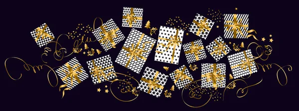 Koncept luxusní dárek vánoční vzor pro záhlaví, banner, karta, plakát, pozvánka. Zlato, bílá a černá abstraktní sada operací. — Stockový vektor