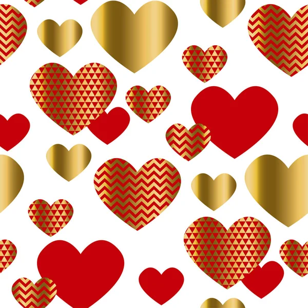 Modern luxury Valentines Day seamless pattern. Festive abstract background with gold and red hearts for cards, banner, posters, — Stock Vector