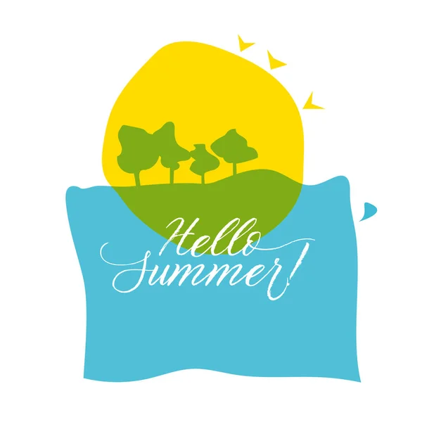 Concept carte d'été avec mer, soleil et arbre vert. Paysage mignon simple pour la conception d'affiches, de sites Web et d'imprimés . — Image vectorielle