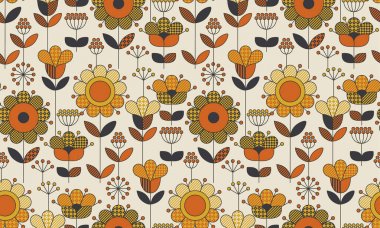 Basit geometrik çiçek seamless modeli. Retro 60s ayçiçeği motifi sonbahar turuncu ve sarı renkler. Dekoratif çiçek vektör çizim.