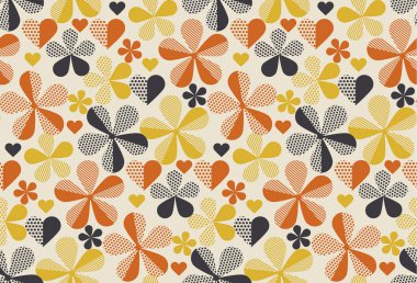 Retro turuncu ve sarı renk 60s çiçek motifi. Geometrik çiçek seamless modeli. vektör çizim
