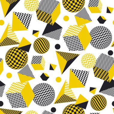 Soyut 3d geometrik seamless modeli balck ve sarı renkte. Birim yanılsama geometri şekilleri yinelenebilir motif. Grafik öğesi için yüzey tasarımı, kumaş, kağıt ambalaj.