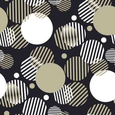 Dinamik geometri başlık, arka plan, vb için şeritli daireler ile sorunsuz motif. Siyah, beyaz ve bej renkli yüzey tasarımı için geometrik desen.