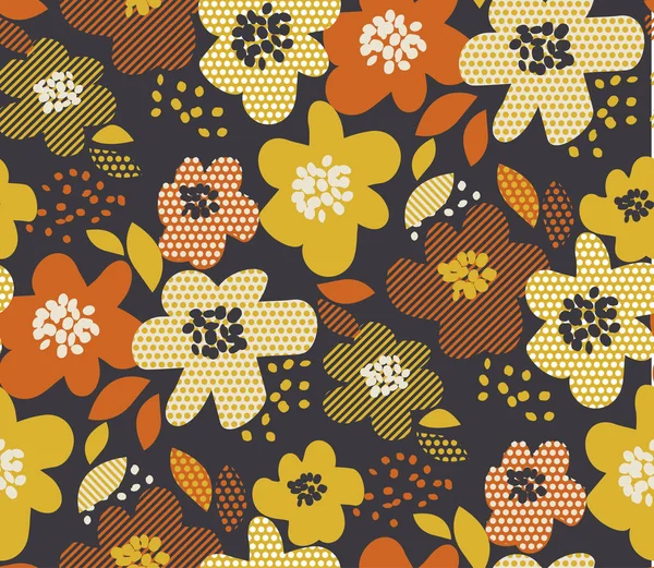 Simples padrão sem costura floral livre desenhado. Motivo de flor retro dos anos 60 no outono cores laranja e amarelo. ilustração vetorial . — Vetor de Stock