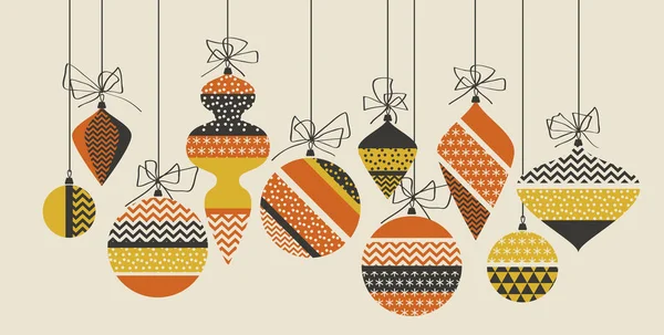 Ilustración geométrica del vector de patrón de adornos de Navidad en estilo retro de los años 60. Vintage 1970 bolas de Navidad motivo abstracto en colores naranja y amarillo caliente fo invitación, encabezado, cartel, cubierta . — Vector de stock