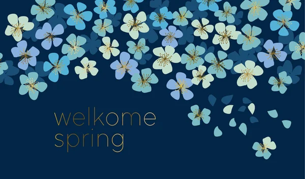 Japão sakura com flores florescendo na noite. Flor de cereja decorativa de cor pastel azul. Ilustração de vetor floral de primavera para cartão, convite, cabeçalho . — Vetor de Stock
