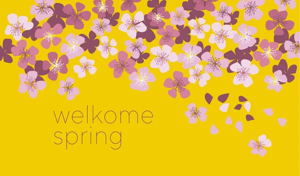 Sonnige gelbe Farbe dekorative Kirschblüte. Frühlingsflorale Vektorillustration für Karte, Einladung, Kopfzeile. japanischer Sakura-Zweig mit blühenden Blumen. — Stockvektor