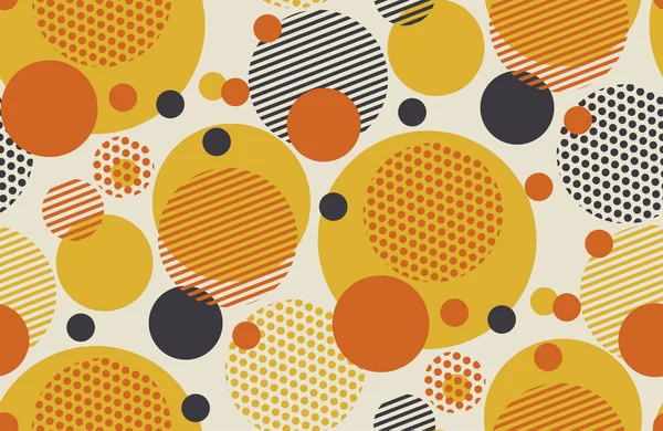 레트로 60에 기하학적 원형 원활한 패턴 벡터 일러스트 레이 션 스타일. 빈티지 1970 년대 공 모양 추상적인 카펫, 종이, 직물, 배경 포장에 대 한 뜨거운 오렌지와 노란색 색상에서 모티브. — 스톡 벡터