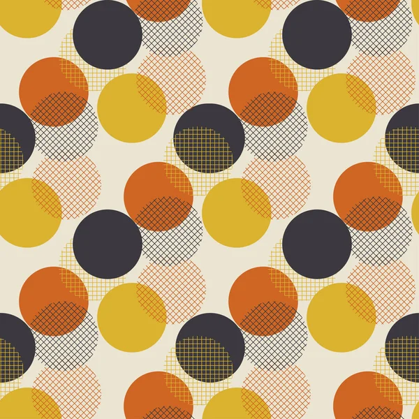 Illustrazione vettoriale di geometriche cerchio puntino senza giunte retrò degli anni ' 60 stile. Forme vintage anni 1970 palla astratto motivo in caldi colori arancioni e gialli per moquette, avvolgimento di carta, tessuto, sfondo. — Vettoriale Stock